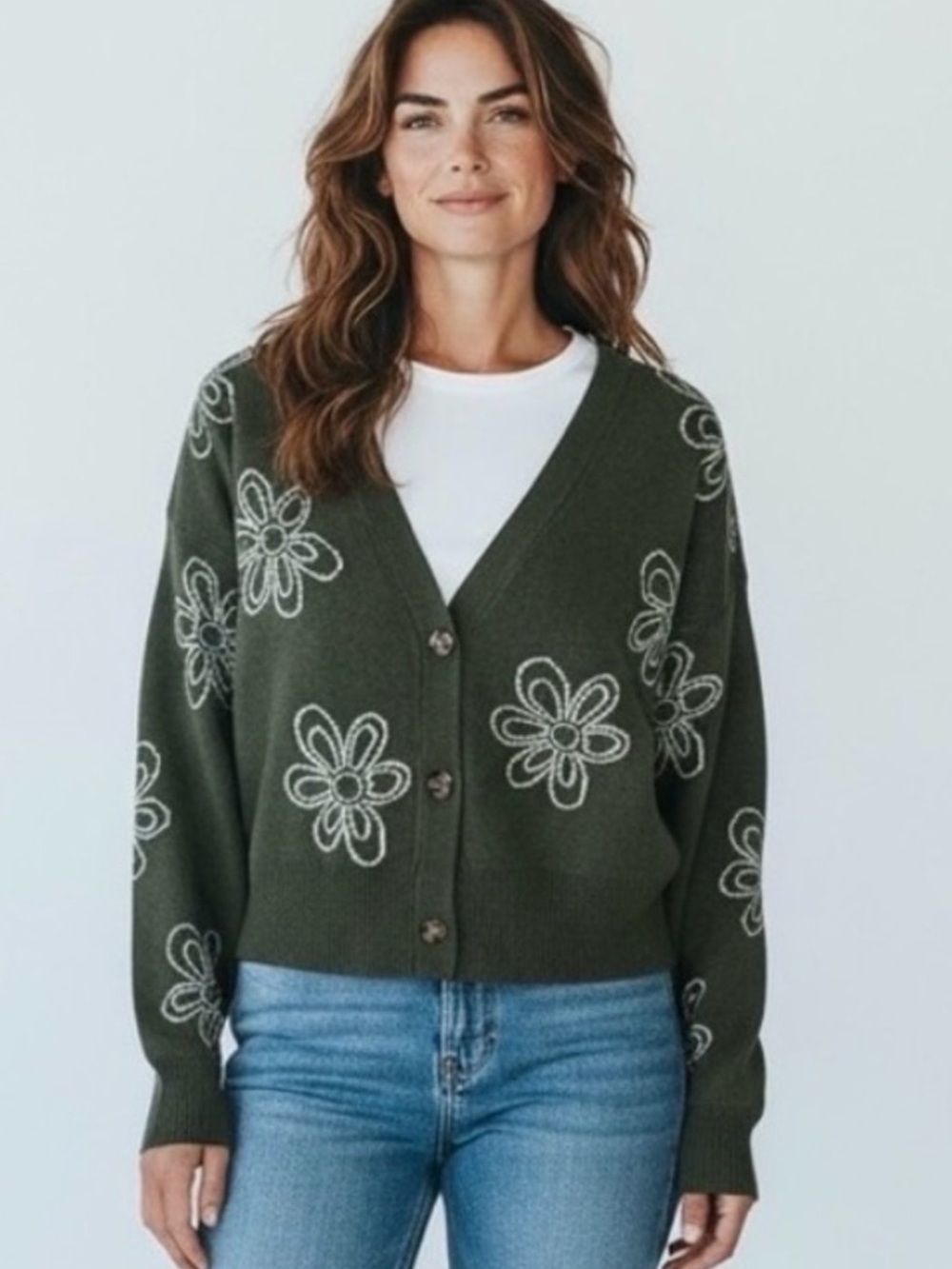 No Boundaries Olive Green Floral Button-Up Cardigan Cropped Sweater Flowers